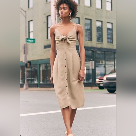 Dainty Hooligan Beige Midi Dress with Faux Button Detail & Bow Tie - Picture 1 of 8
